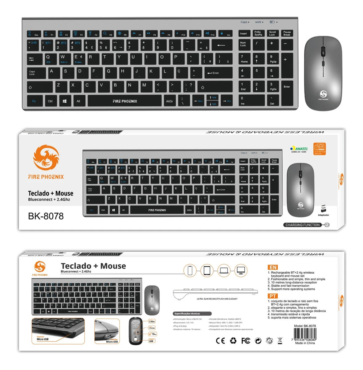 2.4g Wireless Wireless Bluetooth Keyboard And Mouse Kit Rechargeable Abnt2 Bk-8078