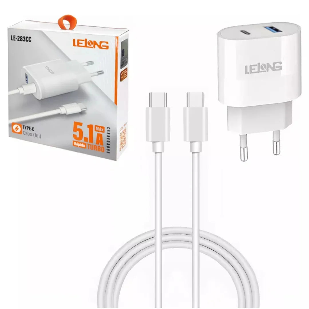 Fonte Carregador Rapido + Cabo Tipo C para Tipo C 1m - 5.1v Bivolt Compatível Samsung Motorola Xiaomi LG Android